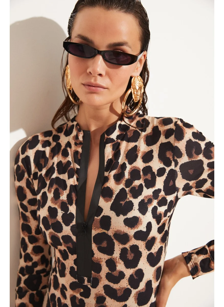 JUNE Long Sleeve Leopard Print Swimsuit