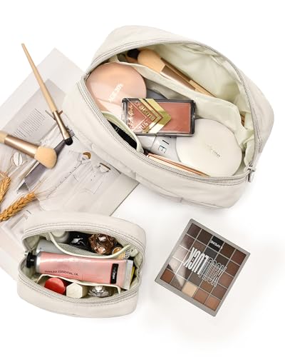 oscaurt 2 Pcs Makeup Bag Travel Toiletry Bag for Women Puffy Padded Cosmetic Pouch Purse Wideopen Makeup Organizer Case Travel Essentials - Image 3