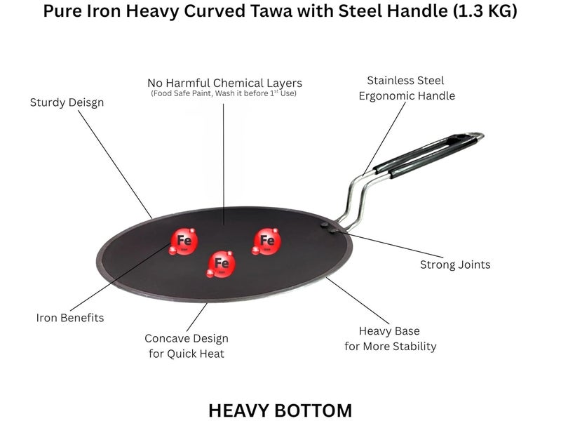 BARTN Pure Iron Tawa for Roti/Chapati with Strong Steel Handle | Premium Heavy Curved Loha Tava for Multipurpose Uses with Health Benefits | Non-Toxic, No Chemical Layers| 11 Inch, Steel Handle, 1.3 KG - Image 2