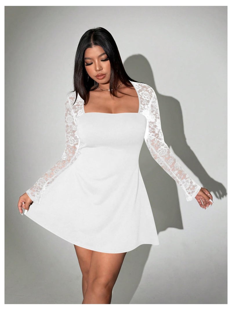 Floerns Women's Plus Size Contrast Lace Sheer Long Sleeve A Line Dress Square Neck Mini Dresses White XX-Large Plus - Image 3