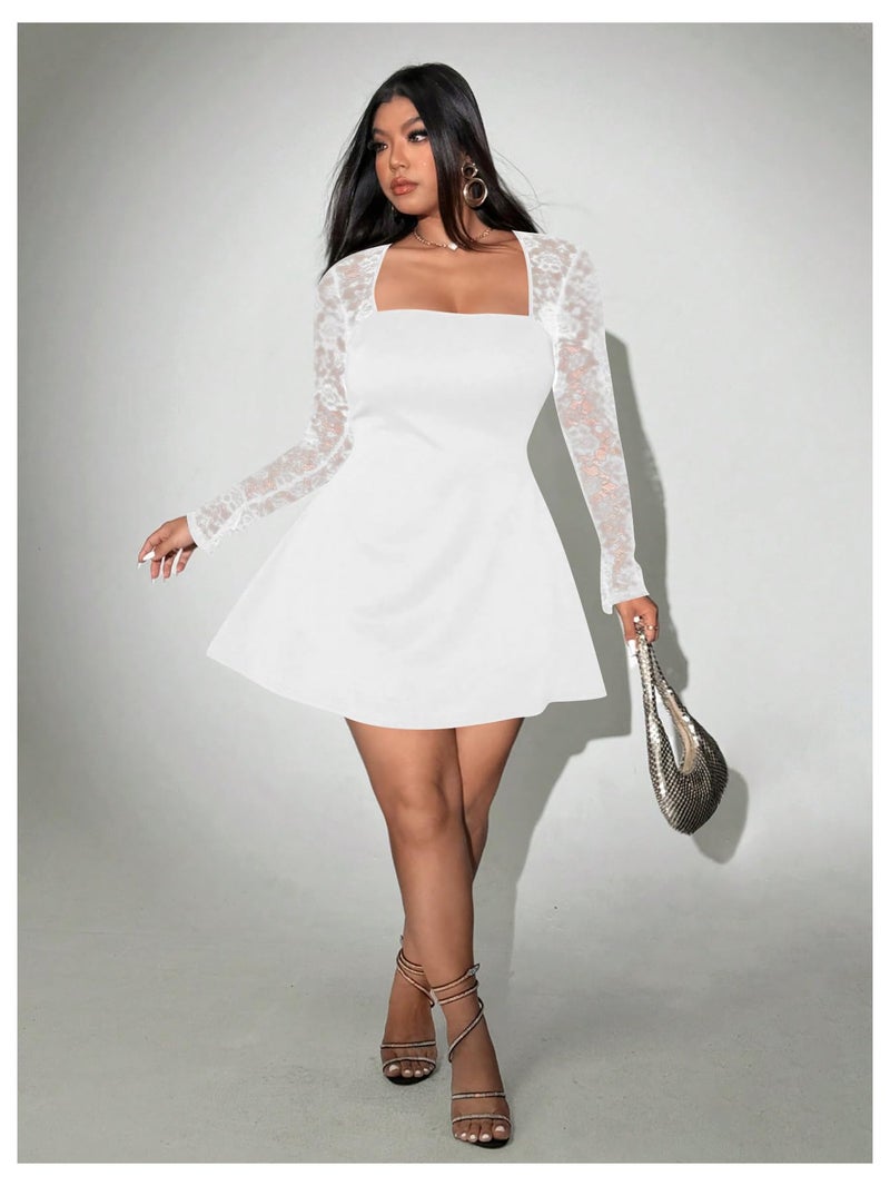 Floerns Women's Plus Size Contrast Lace Sheer Long Sleeve A Line Dress Square Neck Mini Dresses White XX-Large Plus - Image 5