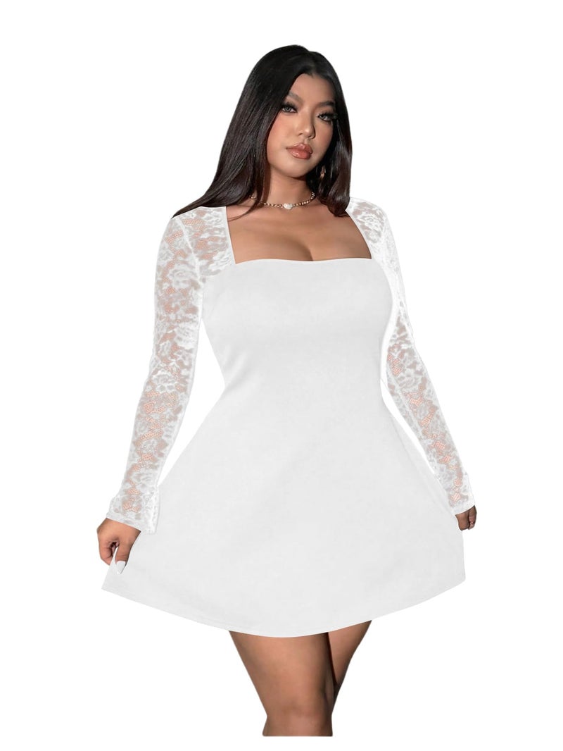 Floerns Women's Plus Size Contrast Lace Sheer Long Sleeve A Line Dress Square Neck Mini Dresses White XX-Large Plus - Image 2