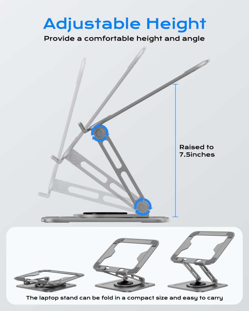 LOXP Adjustable Laptop Stand for Desk with 360 Base, Ergonomic Laptop Riser, Mount, Holder Notebook Computer Stand for MacBook Air Pro, HP, Dell, XPS, HP 16" Laptops - Gray - Image 3