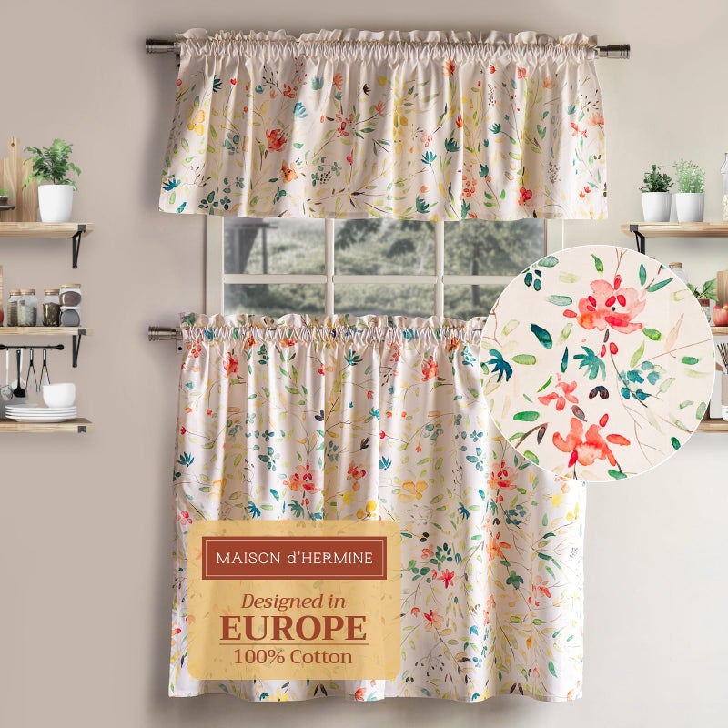 Maison d' Hermine Kitchen Curtains Sets for Windows 100% Cotton Set of Kitchen Curtains Valances for Home [2 Tiers (28"X36") and 1 Valance (56"X18")] Farmhouse, Cafe (Colmar) - Image 1