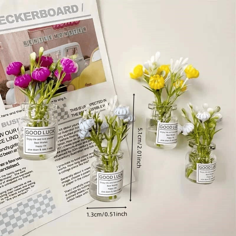 Cross-Border Ins Style Simulated Flower Luminous Glass Bottle Refrigerator Magnet 3D Vase Fun Refrigerator Accessories Kitchen