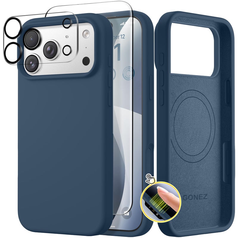 GONEZ Magnetic for iPhone 17 Pro Case, Compatible with MagSafe, [Screen Protector + Camera Lens Protector], Liquid Silicone Anti-Scratch Shockproof Protective Phone Case 6.3 inch, Dark Blue - Image 1