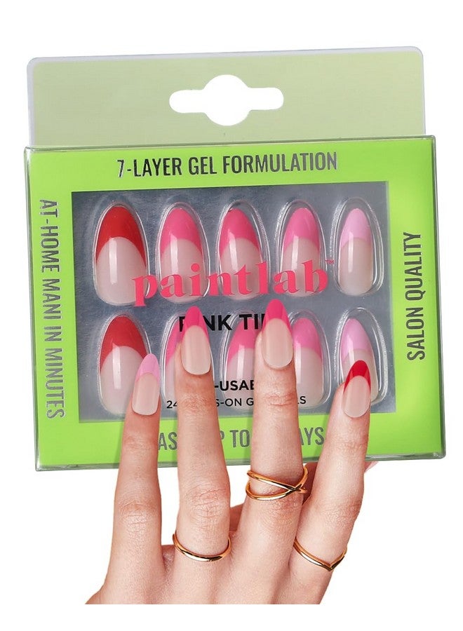 PaintLab Press-On Nails Manicure Kit, Pink Tip - Almond, 24-Piece Set, Long-Lasting Fake Nails with Glue, File, Prep Pad & Cuticle Stick - Image 1