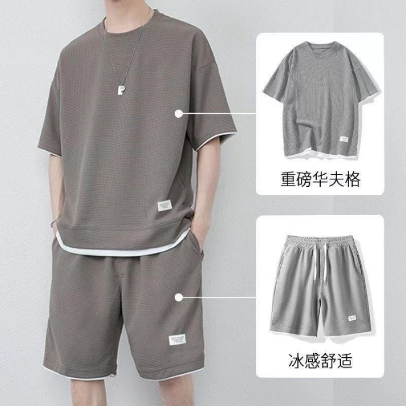 Cross-border 2023 New Casual suit Mens Summer Youth plus size Mens Sports Loose Short Sleeve Short Trend Grey apricot suit