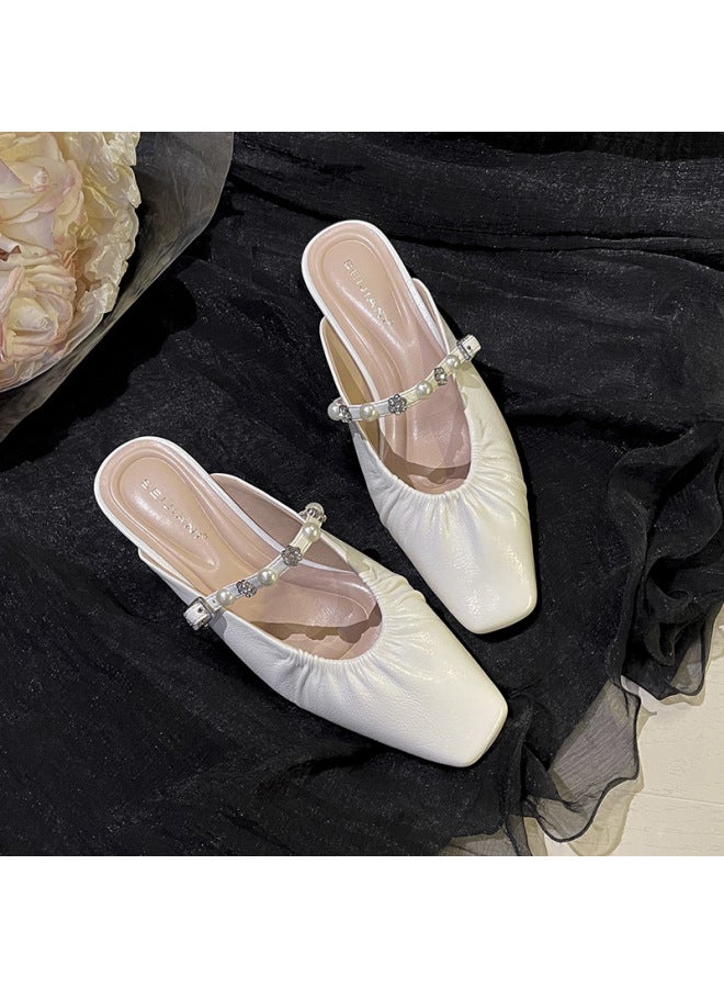 2968-1 French Retro Literary Pearl One-strap Slippers For Women Thick Heel Pleated Square Toe Toe Outer Sandals
