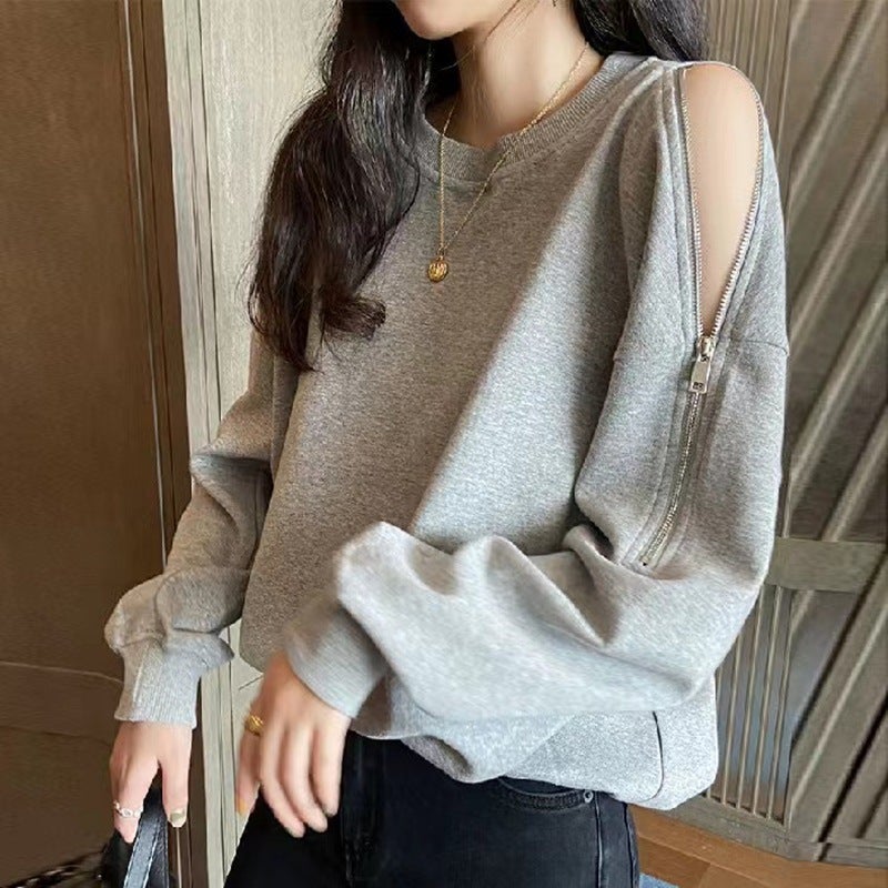 Autumn and Winter long-sleeved off-shoulder zipper sweater womens loose Korean style round neck thin T-shirt womens coat top womens clothing Black  - Image 4