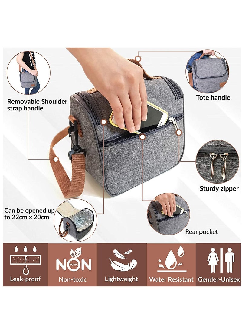 Insulated Lunch Bag Cooler Shoulder Thermal Tote Portable Indoor Outdoor Box Oxford Grey 22 x 16 19.5 cm  - Image 3