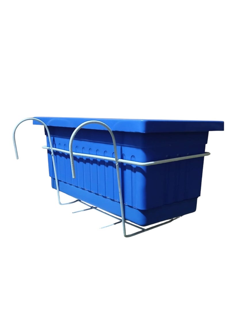 Khorshid Plastic Rectangular Planter - 40 x 20 - Blue - with a white metal stand for hanging on the balcony