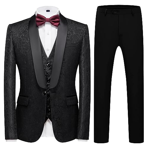 KUDORO Mens Tuxedo Suits Slim Fit 3 Piece Formal Skinny Tuxedo Suit Set Shawl Lapel Paisley Suits Men for Wedding Prom Black - Image 1