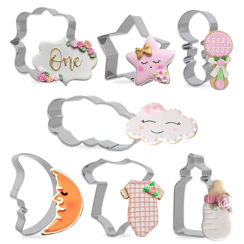 Fangleland Twinkle Twinkle Little Star Themed Cookie Cutters 7 Pack Baby Shower Baking Molds Stainless Steel Biscuit Sandwich Cake Cutter Set with Moon Star Cloud Baby Onesies 