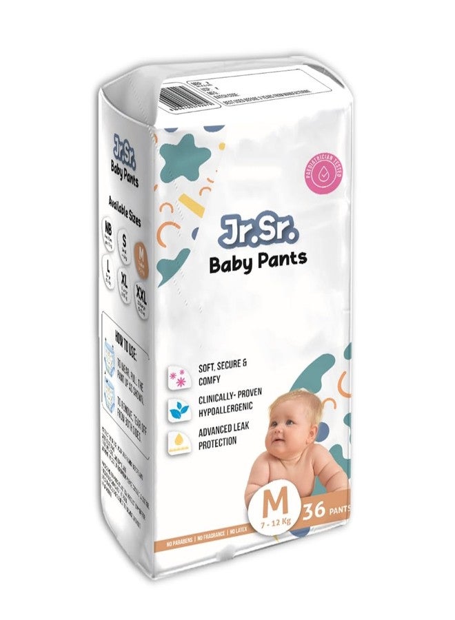 Jr. Sr. Baby Diaper Pants | Medium (M) Size (7-12 kg), 36 Count | Pack of 1 | Upto 12 hr Absorption with Advanced Leak Protection | Safe For Babies Skin | Soft, Secure & Comfy - Image 1