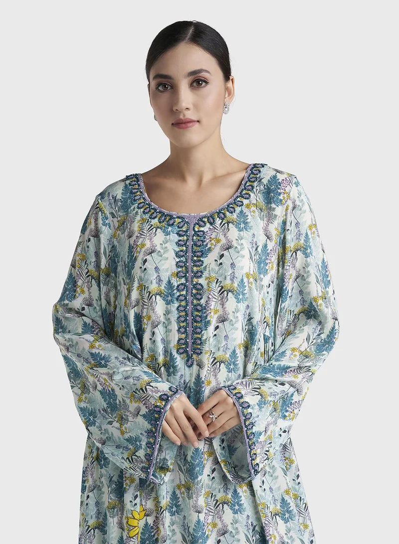 Kashkha Teal Botanical Print Hand Work Viscose Crepe Kuwaiti Jalabiya (VG3142)
