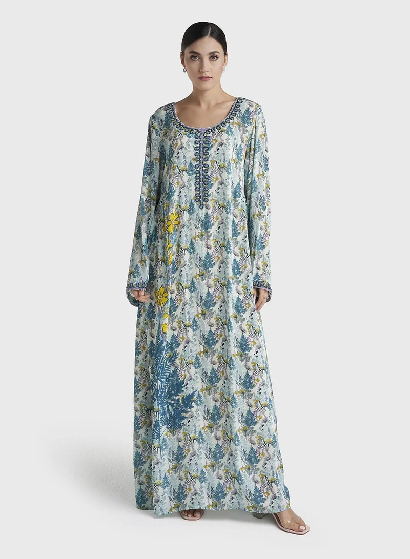 Kashkha Teal Botanical Print Hand Work Viscose Crepe Kuwaiti Jalabiya (VG3142)