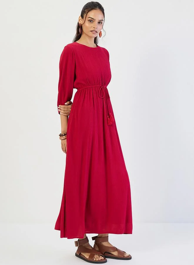 Femmella Deep Red Crinkled Round Neck Maxi Dress