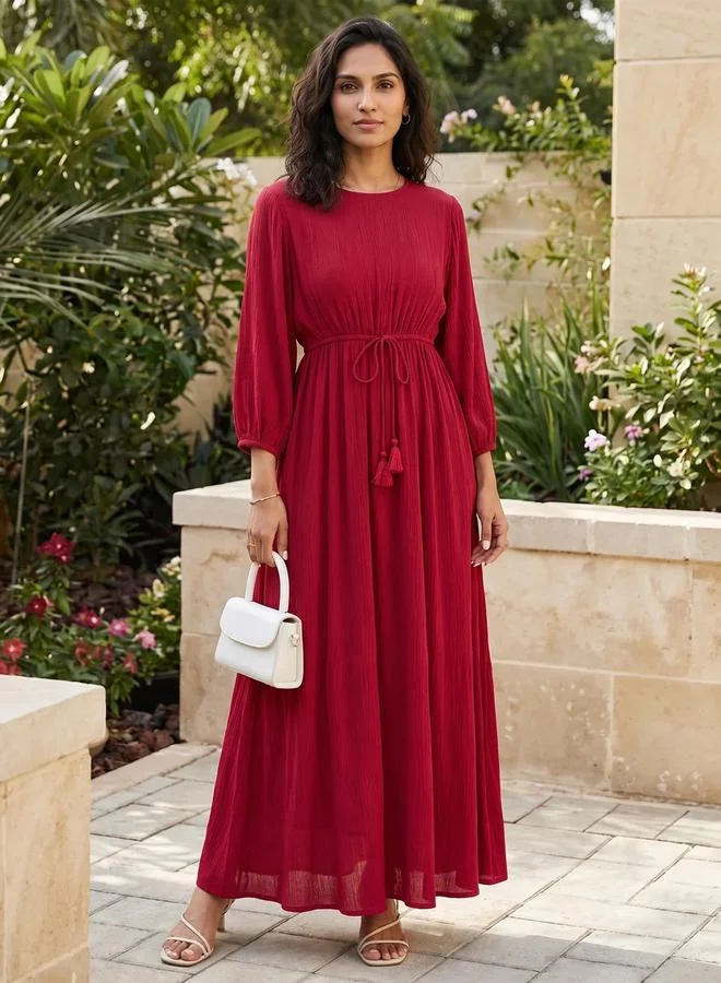 Femmella Deep Red Crinkled Round Neck Maxi Dress