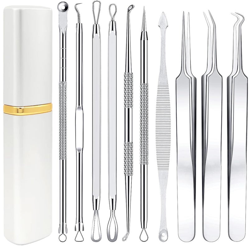 Boxoyx Pimple Popper Tool Kit - 10 Pcs Blackhead Remover Comedone Extractor Kit with Metal Case for Quick and Easy Removal of Pimples, Blackheads, Zit Removing, Forehead,Facial and Nose(All Silver) - Image 1