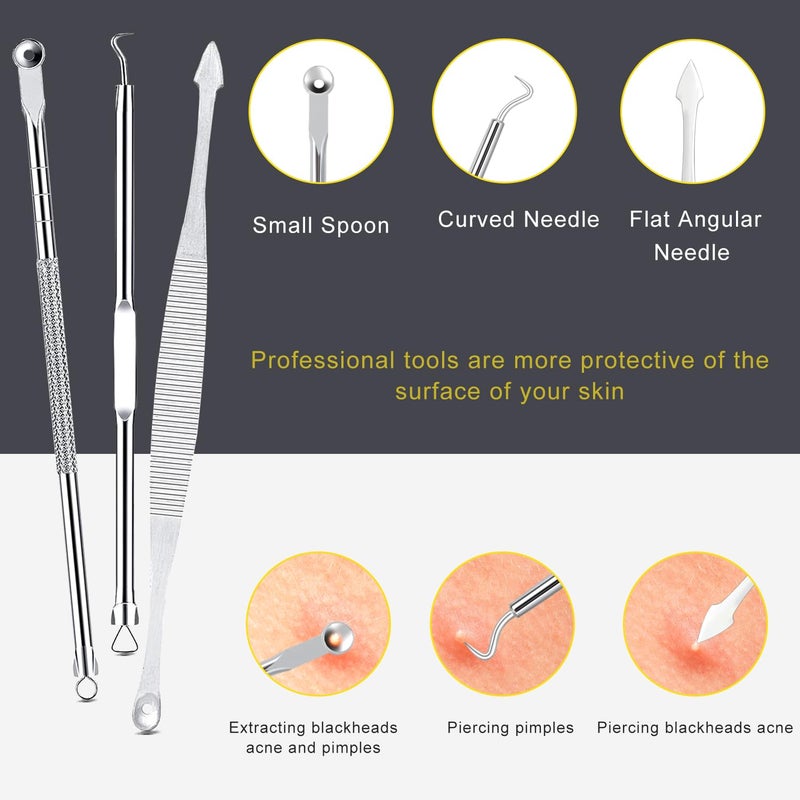 Boxoyx Pimple Popper Tool Kit - 10 Pcs Blackhead Remover Comedone Extractor Kit with Metal Case for Quick and Easy Removal of Pimples, Blackheads, Zit Removing, Forehead,Facial and Nose(All Silver) - Image 3