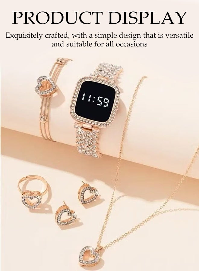 DUNISO 5PCS Electronic Watch Set,LED Touch Screen,Waterproof Elegant Crystal Wrist Watch with Bracelet, Necklace, Ring, Earrings for Ladies - Image 4