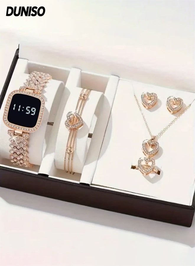 DUNISO 5PCS Electronic Watch Set,LED Touch Screen,Waterproof Elegant Crystal Wrist Watch with Bracelet, Necklace, Ring, Earrings for Ladies - Image 1