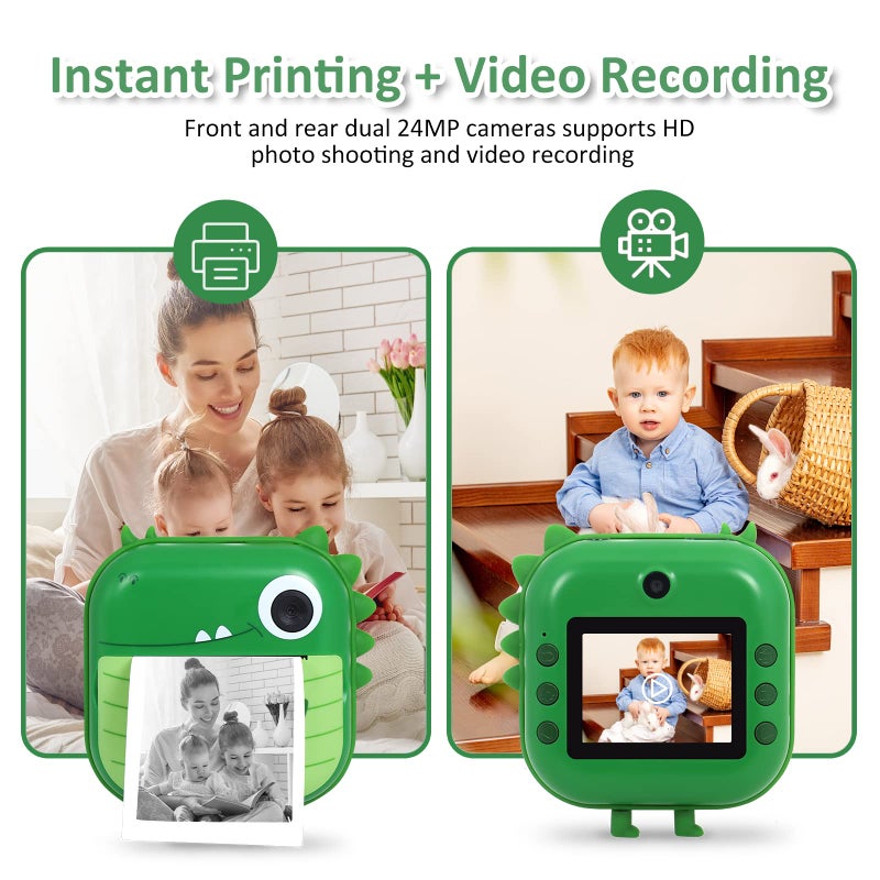 AURTEC Instant Camera for Kids, Mini Thermal Printing Camera, No Ink Required, Dual 48MP & 1080P HD Video, 32G TF Card & 3 Print Paper, 2.4 Inch Color Screen, Cute Animal Cartoon Design - Image 2