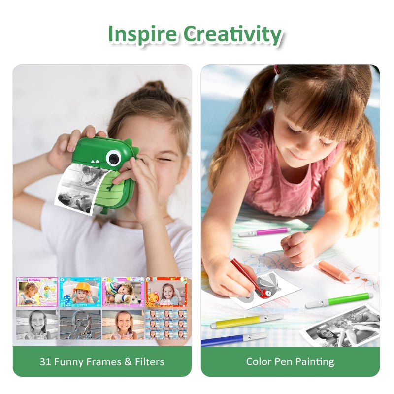 AURTEC Instant Camera for Kids, Mini Thermal Printing Camera, No Ink Required, Dual 48MP & 1080P HD Video, 32G TF Card & 3 Print Paper, 2.4 Inch Color Screen, Cute Animal Cartoon Design - Image 5