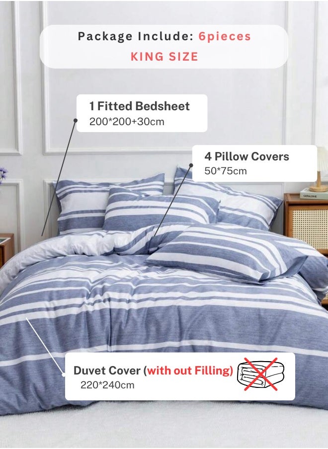 LUNA Home - King Size 6 Pieces Blue Stripe Design Duvet Cover Set - Image 1