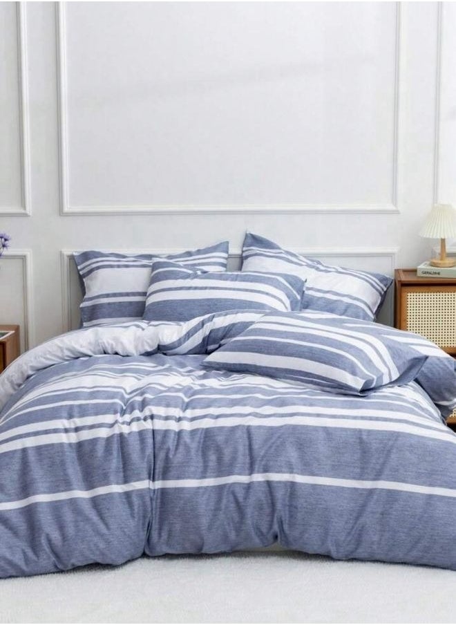 LUNA Home - King Size 6 Pieces Blue Stripe Design Duvet Cover Set - Image 1