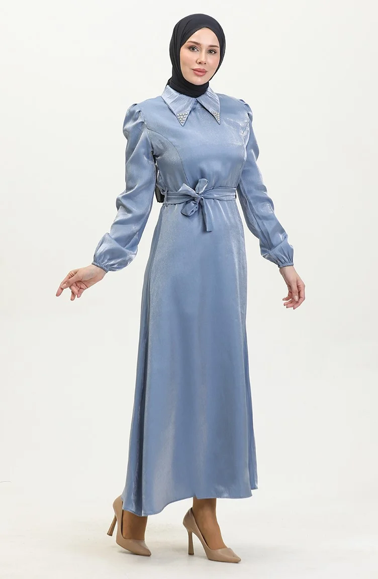 Sefa Merve Glittery Linen Belted Dress 81857-04 Indigo