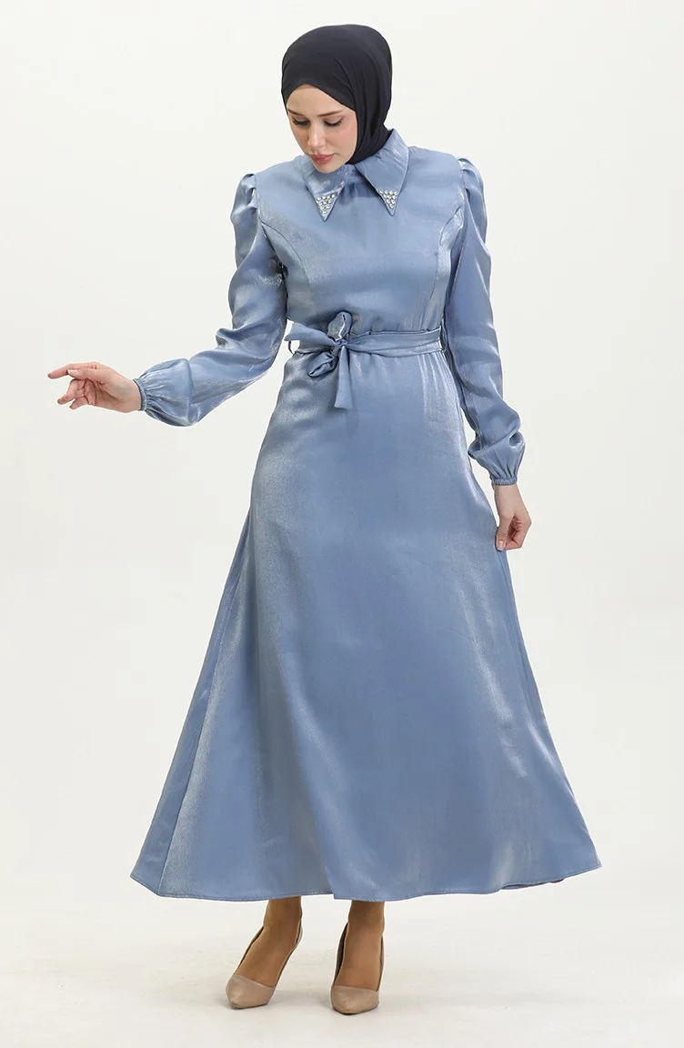 Sefa Merve Glittery Linen Belted Dress 81857-04 Indigo