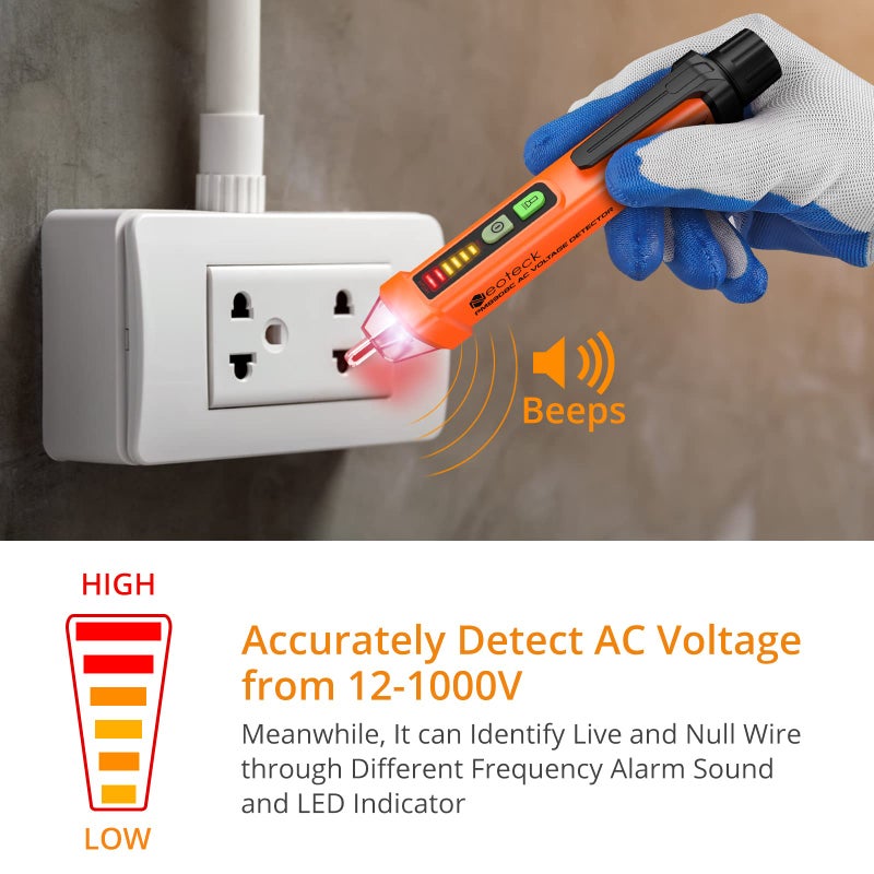Neoteck قلم اختبار الجهد غير المتصل من نيوتك، جهد متردد 12-1000 فولت، مصباح LED، إنذار جرس للحكم على الأسلاك الحية/الحيادية - Image 2