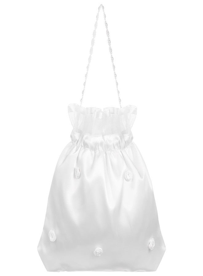 Baluue Satin Bridal Wedding Money Bag, White Bridal Bridesmaid Satin Flower Handbag Elegant Compact Drawstring Handbag for Wedding Essentials Lightweight Girl Purse - Image 1