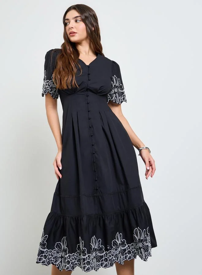 Styli Black Contrast Embroidered A-Line Midi Dress