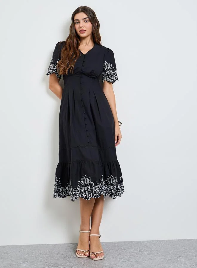 Styli Black Contrast Embroidered A-Line Midi Dress