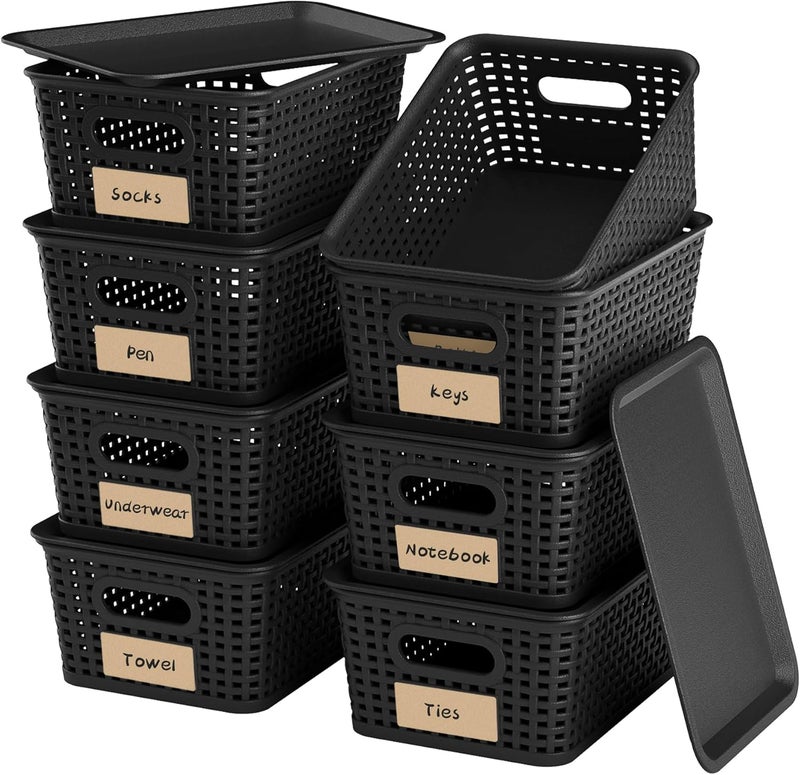 Wrrlors 8-Pack Black Plastic Storage Baskets with Lids, Label Organizers, Stackable Organizer Containers: For Organizing Shelves, Drawers, Desk Closets, Playrooms, Classrooms, Offices - Image 1