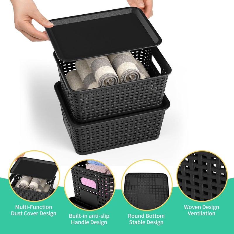 Wrrlors 8-Pack Black Plastic Storage Baskets with Lids, Label Organizers, Stackable Organizer Containers: For Organizing Shelves, Drawers, Desk Closets, Playrooms, Classrooms, Offices - Image 2