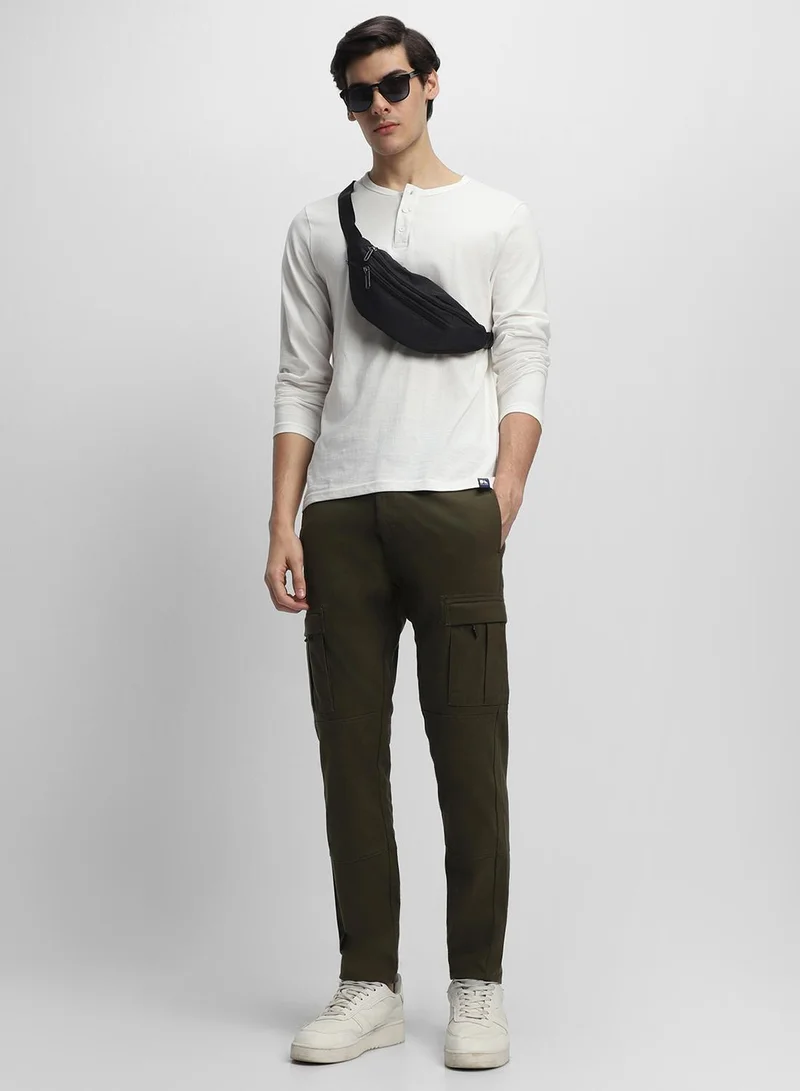 Olive Slim Fit Cargo Pants for Men - Cotton Lycra, Full Length, Mid Rise, Casual