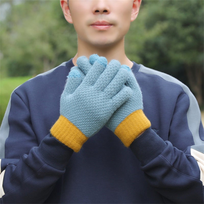 Touch Screen Gloves Womens Winter Womens Five Fingers Winter Velvet Thickened Cotton Warm Mens Windproof Cold-proof Hand Socks Northeast Blue 