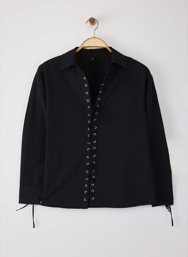 trendyol Black Oversize Shirt with Lace-Up Detail on the Front - Image 5