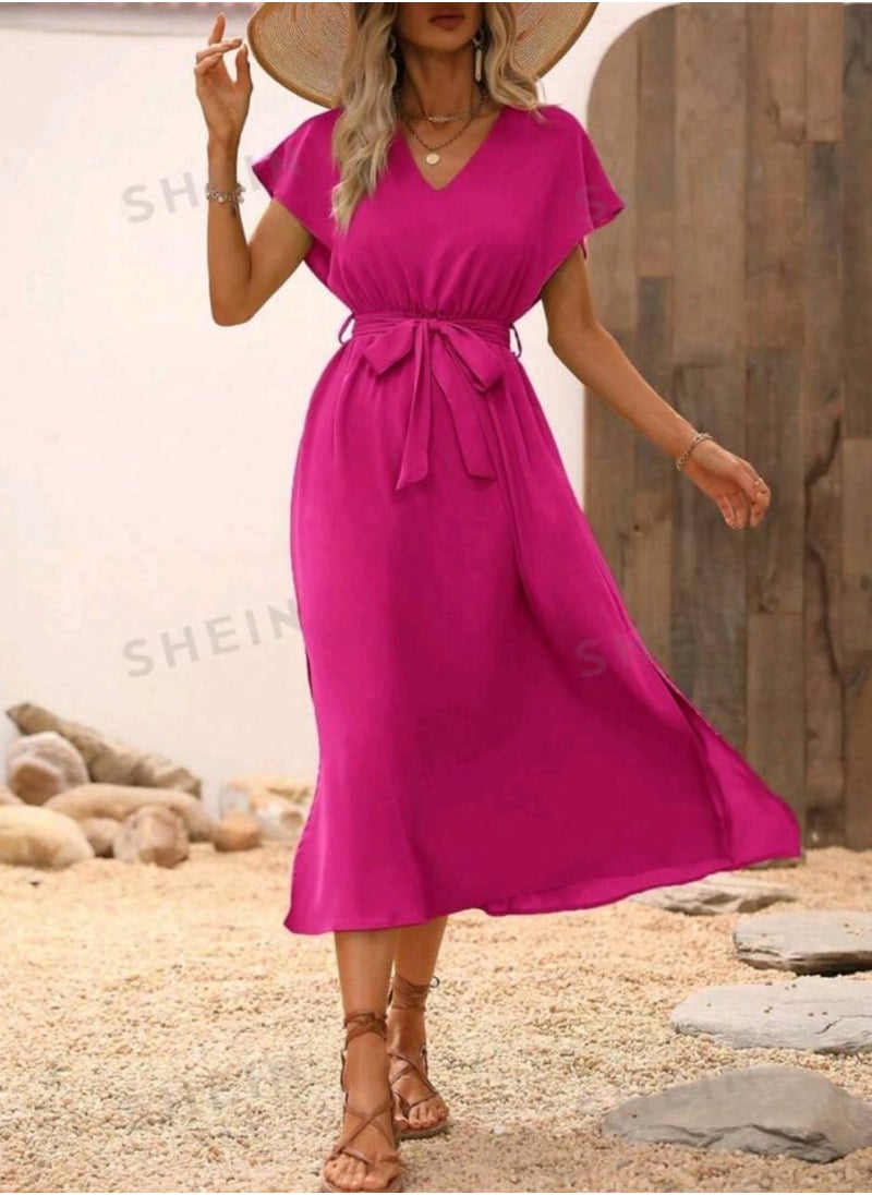 Shein SHEIN Clasi Solid Batwing Sleeve Belted Dress  - Image 1