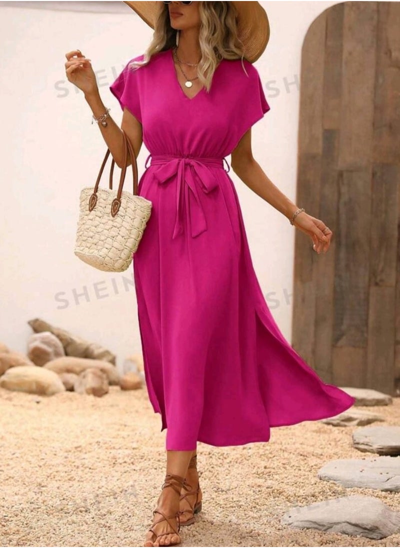 Shein SHEIN Clasi Solid Batwing Sleeve Belted Dress  - Image 4