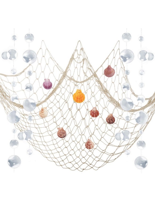ZERODECO ZERODECO Nautical Decor, Natural Fish Net Party Decorations for Pirate Party, Wedding, Birthday Party, Beach Theme Party, Mermaid Decor, Cotton Fishnet with Shells, White Bubble Garlands, Beige  - Image 1