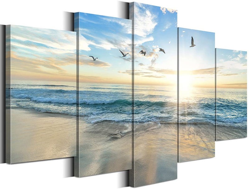 Biufo Seascape Wall Art Canvas Prints Sunrise at Sea Painting Picture Beach Ocean Artwork for Office Bedroom Living Room Wall Decor Large