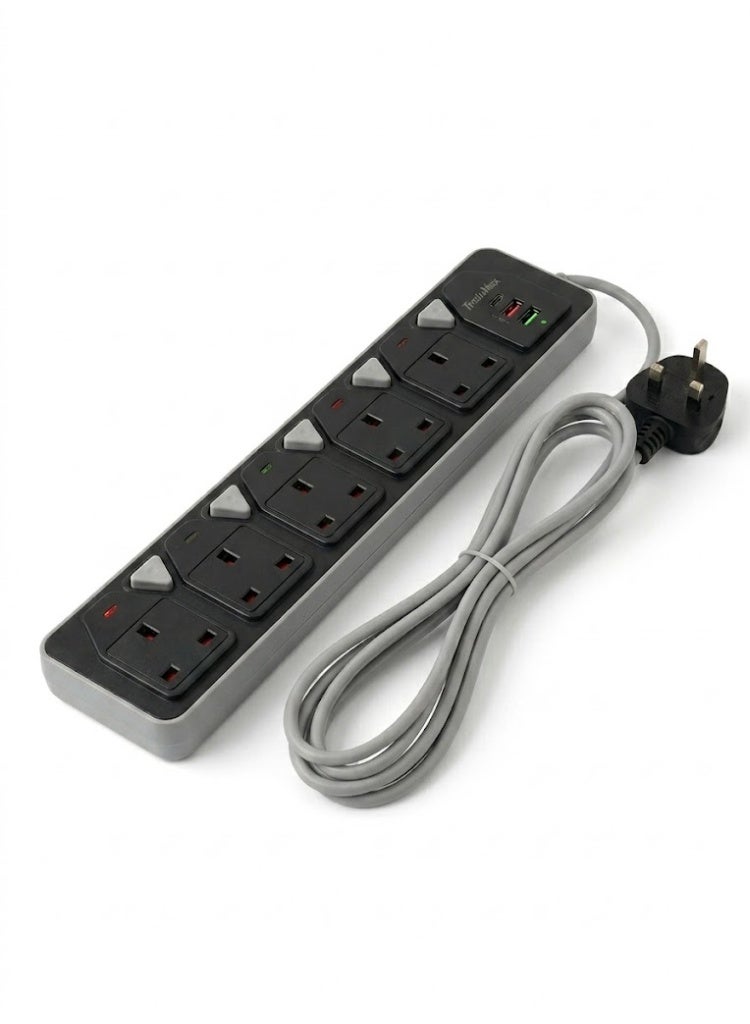 تراداماكس شريط تمديد الطاقة TradaMax بقوة 2000 واط، مزود بـ 5 منافذ، منفذي USB ومنفذ شحن سريع من النوع C، شديد التحمل بطول 3 أمتار - Image 1