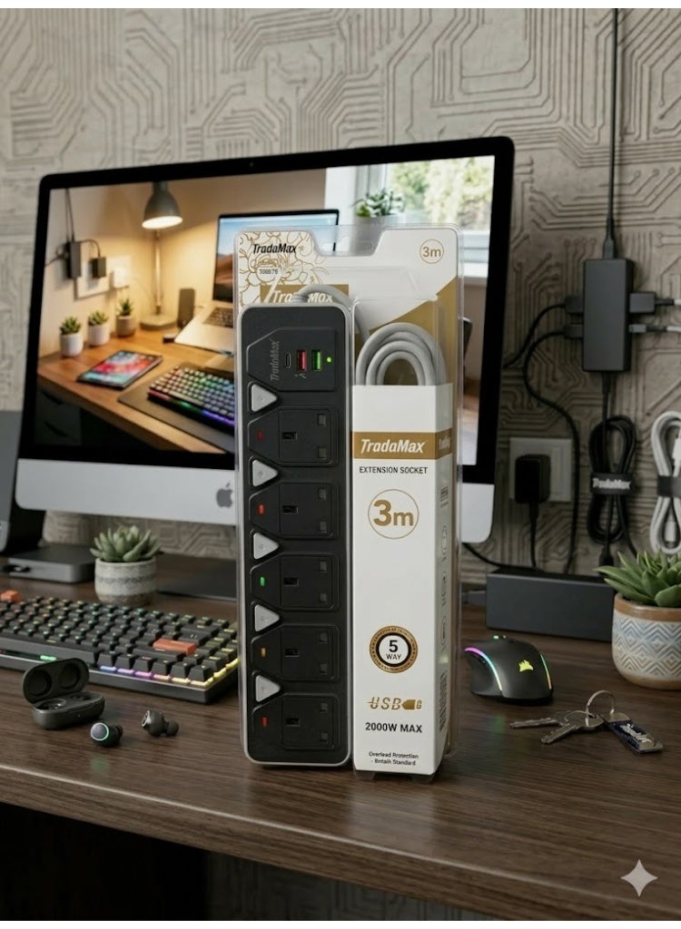 تراداماكس شريط تمديد الطاقة TradaMax بقوة 2000 واط، مزود بـ 5 منافذ، منفذي USB ومنفذ شحن سريع من النوع C، شديد التحمل بطول 3 أمتار - Image 4