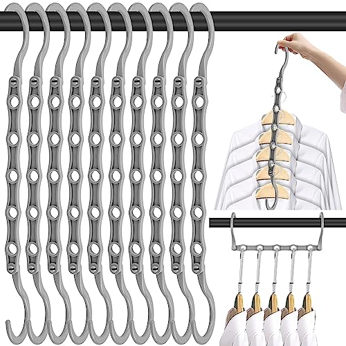 DUCOO Space Saving Hangers 10 Pack, Heavy Duty Magic Cascading Hanger Organizer with 5 Enclosed Anti-Slip Holes, Closet Organizers and Storage for Clothes, College Dorm Room Essentials, Gray - Image 1