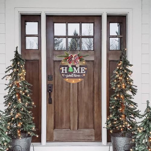 HOMCDALY Interchangeable Seasonal Welcome Sign Front Door Decoration with 4 Seasonal Wreaths and LED Light, Rustic Round Wood Wreaths Wall Hanging Outdoor, Farmhouse Front Door Decoration Home Décor - Image 2